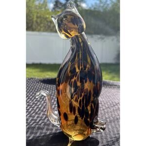 Vintage Glass Art - Tall Amber Cat with Leopard Spots Figurine 9" x 5" MINT!!